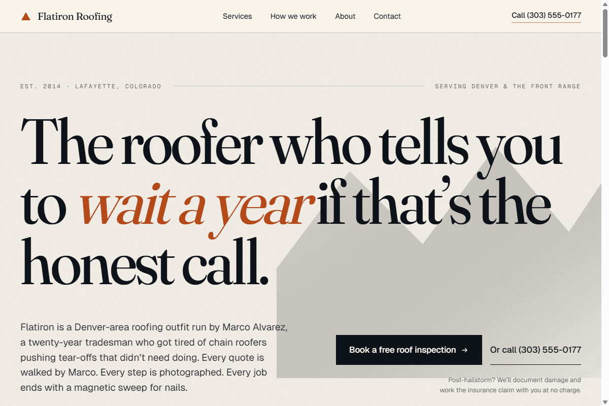 Flatiron Roofing website built by Sidewalk, showing professional photos, credentials, and prominent phone number